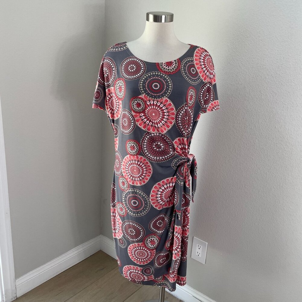 Robbie Bee Womens XL Floral Tie Waist Dress Gray Pink Short Sleeve‎ Stretch